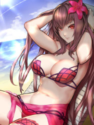 Rule 34 | 1girl, arms up, beach, bikini, blue sky, breasts, cleavage, cloud, commentary request, day, fate/grand order, fate (series), flower, hair flower, hair ornament, hands in hair, hibiscus, highres, kumiko shiba, large breasts, leaning back, lens flare, long hair, looking at viewer, navel, outdoors, parted lips, purple bikini, purple hair, red eyes, sarong, scathach (fate), scathach (fate/grand order), scathach (swimsuit assassin) (fate), see-through, sitting, sky, solo, stomach, sunlight, swimsuit, thigh strap, very long hair, water