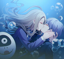 Rule 34 | 2boys, ahoge, air bubble, blonde hair, blue background, blue jacket, blue necktie, bubble, closed eyes, collared shirt, commentary request, face-to-face, facing another, hand on another&#039;s cheek, hand on another&#039;s face, highres, jacket, kiss, long hair, long sleeves, makoto kagutsuchi, male focus, mask, master detective archives: rain code, multiple boys, necktie, purple hair, purple jacket, qiao xing, shirt, short hair, spoilers, submerged, underwater, unworn mask, upper body, water, white shirt, yaoi, yuma kokohead