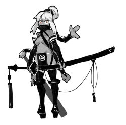 Rule 34 | 1girl, boots, breasts, bridal gauntlets, colored sclera, commentary request, dark-skinned female, dark skin, elbow gloves, extra arms, gloves, greyscale, hair bun, high heels, holding, holding sword, holding weapon, huge weapon, katana, long hair, long sleeves, monochrome, monster girl, navel, original, pelvic curtain, red sclera, shawn ger lin, sheath, sheathed, single hair bun, sketch, solo, spot color, standing, sword, thigh boots, thighhighs, underboob, weapon, white background, yellow eyes