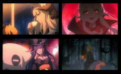 Rule 34 | 4girls, animal ears, anime coloring, arknights, bat (animal), black cloak, black dress, black headwear, black ribbon, blonde hair, blue eyes, blunt bangs, blush, bonnet, bow, bowtie, braid, candy, chinese commentary, cloak, closed eyes, closed mouth, cowboy shot, cup, dadijiji, demon horns, dress, expressionless, eyelashes, fang, finger to cheek, food, forest, from side, full moon, hair ornament, halloween, halloween costume, hat, highres, holding, holding cup, holding food, holding pumpkin, holding vegetable, horns, jack-o&#039;-lantern, kroos (arknights), kroos (the mag) (arknights), lancet-2 (arknights), long hair, medium hair, moon, multiple girls, nature, neck ribbon, nightingale (an elegy) (arknights), nightingale (arknights), official alternate costume, open mouth, outdoors, panels, profile, pumpkin, purple eyes, purple hair, rabbit ears, red eyes, red moon, red neckwear, ribbon, rope (arknights), rope (imp&#039;s house) (arknights), scar, scar across eye, scar on face, silver hair, skull hair ornament, teacup, upper body, vegetable, warfarin (arknights), warfarin (the feast) (arknights), witch hat, wrist cuffs