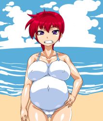 Rule 34 | 1girl, angry, beach, breasts, clenched teeth, cloud, covered erect nipples, eyeshadow, female focus, gender request, genderswap, kitsune-tsuki (getter), large breasts, looking at viewer, makeup, navel, nipples, open mouth, outdoors, ponytail, pregnant, purple eyes, ranma-chan, ranma 1/2, red hair, saotome ranma, sky, solo, standing, swimsuit, teeth, water