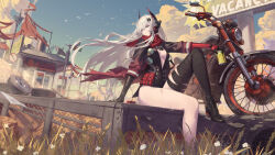 Rule 34 | 1girl, bandages, bird, building, cc xiaotintin, cloud, flower, grass, headgear, headphones, highres, horns, hotel, jacket, lucia: crimson abyss (punishing: gray raven), motor vehicle, motorcycle, official art, punishing: gray raven, sitting, sunglasses, tire, white hair, wind