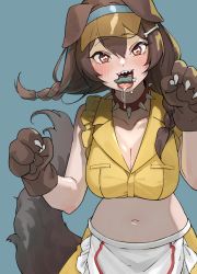 Rule 34 | 1girl, absolutemabbak, animal ears, animal hands, apron, bone-shaped pupils, bone hair ornament, braid, breasts, brown eyes, brown gloves, brown hair, brown tail, collar, dog ears, dog girl, dog tail, doggy god&#039;s street, frilled apron, frills, gloves, hair between eyes, hair ornament, hair over shoulder, highres, hololive, inugami korone, large breasts, low twin braids, navel, official alternate costume, paw gloves, red collar, sharp teeth, shirt, side braids, skirt, sleeveless, solo, spiked collar, spikes, symbol-shaped pupils, tail, teeth, twin braids, virtual youtuber, visor cap, waist apron, waitress, white apron, yellow shirt, yellow skirt
