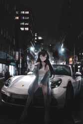 Rule 34 | 1girl, ^ ^, between legs, black hair, brown shirt, car, city, closed eyes, commission, convertible, facing viewer, glowing, grey jacket, halter shirt, halterneck, hand between legs, head tilt, highres, jacket, lamppost, lens flare, long hair, motor vehicle, nougat (73r1r1), off shoulder, on vehicle, original, outdoors, photo background, porsche, porsche boxster, shirt, shorts, signature, sitting, smile, solo, white shorts