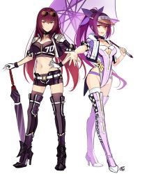 Rule 34 | 1girl, 2girls, belt, black thighhighs, blush, boots, bow, breasts, closed mouth, closed umbrella, cropped jacket, eyewear on head, fate/grand order, fate (series), full body, fur-trimmed jacket, fur trim, gloves, hair between eyes, hair bow, high heel boots, high heels, jacket, large breasts, leotard, long hair, looking at viewer, midriff, multiple girls, navel, okitakung, open mouth, outstretched arm, ponytail, purple bow, purple jacket, purple leotard, purple shorts, race queen, red eyes, scathach (fate), scathach skadi (fate), short shorts, shorts, simple background, smile, sunglasses, thigh boots, thighhighs, thighhighs under boots, umbrella, visor cap, white background, white gloves, white thighhighs