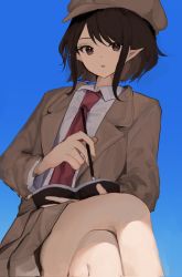 Rule 34 | 1girl, bad id, bad twitter id, black hair, blue background, brown eyes, brown hat, brown jacket, brown shorts, collar, commentary request, crossed legs, forbidden scrollery, gradient background, hair between eyes, hand up, hat, highres, jacket, kozomezuki, light, long sleeves, looking at viewer, necktie, note, official alternate costume, open mouth, pen, pocket, pointy ears, red necktie, shadow, shameimaru aya, shameimaru aya (newsboy), shirt, short hair, shorts, simple background, sitting, solo, thighs, touhou, white shirt