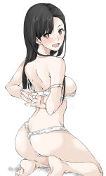 Rule 34 | 1girl, ass, black hair, blush, bra, breasts, brown eyes, elf (stroll in the woods), girls und panzer, highres, large breasts, looking at viewer, nishi kinuyo, open mouth, panties, simple background, solo, underwear, white background, white bra, white panties