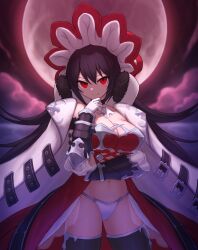 Rule 34 | 1girl, arm under breasts, black hair, blurry, blurry background, breasts, choker, cleavage, cloud, cloudy sky, collarbone, cygames, fang, full moon, fur trim, groin, hand on own chin, highres, illya (princess connect!), large breasts, long hair, looking at viewer, moon, navel, night, night sky, princess connect!, red eyes, sky, smile, solo, suta (clusta), thighhighs, very long hair