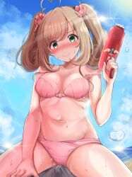 Rule 34 | 1girl, ahoge, beach, bikini, blush, breasts, breasts apart, bubble gun, bulge, commentary request, erection, erection under clothes, groin, highres, idolmaster, idolmaster cinderella girls, looking at another, medium breasts, navel, nose blush, outdoors, pink bikini, pov, pov crotch, sak (lemondisk), sato shin, sitting, sitting on person, solo, stomach, strap slip, sweat, swimsuit, twintails