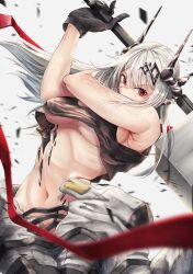 Rule 34 | 1girl, absurdres, arknights, bare shoulders, black gloves, black tank top, breasts, commentary, gloves, hammer, highres, holding, holding hammer, holding weapon, horns, kuromu, large breasts, long hair, looking at viewer, material growth, midriff, mudrock (arknights), navel, oripathy lesion (arknights), red eyes, solo, stomach, tank top, underboob, very long hair, weapon, white hair