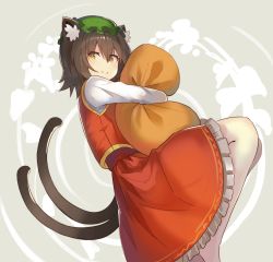 Rule 34 | 1girl, alternate eye color, animal ear fluff, animal ears, brown hair, cat ears, cat tail, chen, commentary request, falken (yutozin), feet out of frame, green hat, grey background, hair between eyes, hat, highres, hugging object, long sleeves, looking at viewer, mob cap, multiple tails, nekomata, one-hour drawing challenge, petticoat, pillow, pillow hug, red skirt, red vest, shirt, short hair, simple background, skirt, skirt set, smile, solo, tail, touhou, two tails, vest, white legwear, white shirt, yellow eyes