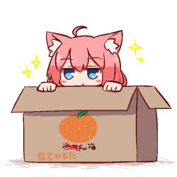 Rule 34 | 1girl, ahoge, animal ear fluff, animal ears, blue eyes, blush stickers, box, cardboard box, cat ears, hair between eyes, hinata channel, in box, in container, looking at viewer, naga u, nekomiya hinata, parted lips, peeking out, pink hair, solo, sparkle, translation request, virtual youtuber, white background
