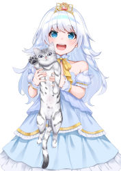 Rule 34 | 1girl, :d, absurdres, animal, animal ears, bare shoulders, blue dress, blue eyes, blue sleeves, blush, cat, cat ears, collarbone, commentary request, copyright request, detached sleeves, dress, fake animal ears, frilled dress, frills, grey eyes, hashiko nowoto, highres, holding, holding animal, holding cat, layered dress, long hair, looking at viewer, neck ribbon, open mouth, puffy short sleeves, puffy sleeves, ribbon, round teeth, short sleeves, silver hair, simple background, smile, solo, teeth, tiara, upper teeth only, very long hair, white background, yellow ribbon
