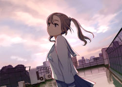 Rule 34 | 1girl, :/, brown eyes, brown hair, cloud, cloudy sky, day, dutch angle, fence, from side, hair ornament, hairclip, long hair, morifumi, original, outdoors, revision, rooftop, school uniform, serafuku, shirt, skirt, sky, solo, twintails
