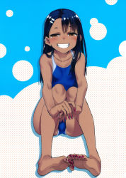 Rule 34 | 774 (nanashi), absurdres, black hair, blush, brown eyes, dotted background, feet together, grin, hands together, highres, ijiranaide nagatoro-san, legs together, nagatoro hayase, nail polish, red nails, simple background, sitting, smile, swimsuit, tan, tanline, teeth