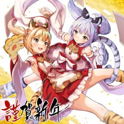 Rule 34 | 2girls, animal hands, animal print, bare shoulders, bell, blonde hair, blush, bow, brown eyes, cindala (granblue fantasy), detached sleeves, dress, fang, gloves, granblue fantasy, holding hands, huang (granblue fantasy), jingle bell, long hair, multiple girls, nyama (12060517), open mouth, pai (granblue fantasy), paw gloves, red dress, siblings, silver hair, sisters, skin fang, smile, tail, tail wrap, tiger print, tiger tail, translation request, twins, twintails, wide sleeves