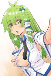 Rule 34 | 1girl, antenna hair, black necktie, blush, body blush, breasts, collared shirt, commentary request, detached sleeves, dutch angle, flashing, frog hair ornament, green eyes, green hair, hair between eyes, hair ornament, hatching (texture), highres, kei jiei, kochiya sanae, large breasts, long hair, looking at viewer, necktie, nipples, no bra, one breast out, open mouth, shiny skin, shirt, single hair tube, sleeveless, sleeveless shirt, snake hair ornament, solo, touhou, upper body, white shirt, white sleeves