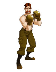 Rule 34 | 1boy, absurdres, boots, boxing, boxing gloves, brown hair, facial hair, green eyes, highres, male focus, manly, muscular, mustache, nintendo, official art, pants, punch-out!!, solo, suspenders, topless male, von kaiser