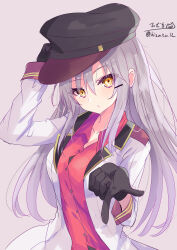Rule 34 | 1girl, absurdres, artist name, black gloves, black hat, facial scar, gangut (kancolle), gloves, grey hair, hat, highres, hizaka, jacket, kantai collection, long hair, looking at viewer, military jacket, one-hour drawing challenge, open clothes, open jacket, orange eyes, peaked cap, red shirt, scar, scar on cheek, scar on face, shirt, solo, twitter username, upper body, white jacket