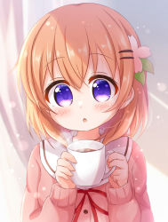 Rule 34 | 1girl, :o, araki495, blush, brown hair, cardigan, commentary request, cup, curtains, gochuumon wa usagi desu ka?, hair between eyes, hair ornament, hairclip, hands up, highres, holding, holding cup, hoto cocoa, long sleeves, mug, neck ribbon, parted lips, pink cardigan, puffy long sleeves, puffy sleeves, purple eyes, red ribbon, ribbon, sailor collar, sleeves past wrists, solo, steam, upper body, white sailor collar