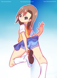 Rule 34 | 1girl, angry, ass, blue background, blue shorts, blue skirt, brown eyes, brown footwear, brown hair, drantyno, flat chest, from behind, hair ornament, hairclip, highres, looking at viewer, looking back, misaka mikoto, removing shoes, school uniform, shirt, shoes, short hair, short sleeves, shorts, skirt, socks, standing, standing on one leg, sweater vest, toaru kagaku no railgun, toaru majutsu no index, white shirt, white socks, yellow sweater vest