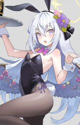 Rule 34 | 1girl, animal ears, azusa (blue archive), black leotard, black pantyhose, black wings, blue archive, blush, bow, detached collar, fake animal ears, fake tail, feathered wings, flower, grey background, hair between eyes, hair flower, hair ornament, halo, highres, holding, holding tray, leotard, long hair, looking at viewer, monoto, open mouth, pantyhose, pink bow, pink eyes, pink flower, playboy bunny, purple flower, rabbit ears, rabbit tail, simple background, solo, strapless, strapless leotard, tail, tray, white hair, wings, wrist cuffs, yellow halo