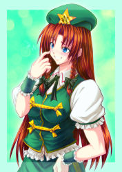 Rule 34 | 1girl, beret, blue eyes, blush, bow, braid, breasts, chinese clothes, cowboy shot, green bow, grin, hair bow, hand on own hip, hat, hijikawa arashi, hong meiling, large breasts, letterboxed, long hair, puffy short sleeves, puffy sleeves, red hair, short sleeves, smile, solo, star (symbol), touhou, twin braids, wing collar, wristband