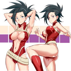 Rule 34 | 10s, 1girl, areola slip, ass, bad id, bad pixiv id, bare shoulders, belt, black hair, blue eyes, boku no hero academia, breasts, center opening, cleavage, closed mouth, covered erect nipples, high ponytail, knee up, large breasts, leotard, long hair, looking at viewer, midriff, multiple views, navel, ontaros, ponytail, red leotard, shiny clothes, shiny skin, white background, yaoyorozu momo
