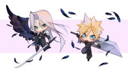Rule 34 | 2boys, :3, armor, baggy pants, bandaged arm, bandages, belt, black feathers, black gloves, black jacket, black wings, blonde hair, blue eyes, buster sword, chest strap, chibi, cloud strife, falling feathers, feathered wings, feathers, final fantasy, final fantasy vii, final fantasy vii remake, floating, gloves, green eyes, grey hair, hair between eyes, holding, holding sword, holding weapon, jacket, korysos, long hair, long jacket, male focus, masamune (ff7), multiple boys, open mouth, pants, parted bangs, sephiroth, shirt, short hair, shoulder armor, single wing, sleeveless, sleeveless shirt, spiked hair, sword, twitter username, v-shaped eyebrows, weapon, wings