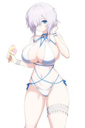Rule 34 | 1girl, asamura hiori, azur lane, bare shoulders, bikini, blue choker, blue eyes, breasts, choker, cleavage, closed mouth, collarbone, commentary request, cowboy shot, dead or alive, dead or alive xtreme, food, gluteal fold, hair between eyes, hair ribbon, hand up, highres, holding food, holding ice cream, ice cream, large breasts, looking at viewer, luna (doa), navel, o-ring, o-ring bikini, official alternate costume, ribbon, short hair, short hair with long locks, side-tie bikini bottom, sidelocks, simple background, skindentation, solo, standing, stomach, swimsuit, thighlet, tress ribbon, white background, white bikini, white hair, wristband, wristlet
