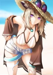Rule 34 | 1girl, :3, animal ear fluff, animal ears, arknights, beach, bikini, blue shorts, blue sky, blurry, blurry background, breasts, brown hair, cat ears, cleavage, day, eyewear on head, grey bikini, hat, highres, huge breasts, jewelry, looking at viewer, necklace, ocean, official alternate costume, outdoors, purple-tinted eyewear, purple eyes, sand, short hair, short shorts, shorts, sky, smile, snake tail, solo, straw hat, striped bikini, striped clothes, sunglasses, swimsuit, tail, tail wrap, tinted eyewear, utage (arknights), utage (summer flowers) (arknights), vertical-striped bikini, vertical-striped clothes, yokaze (yokajie)