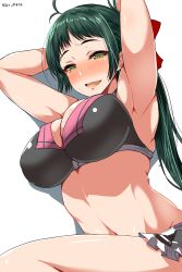 Rule 34 | 1girl, absurdres, ahoge, alternate costume, ar (lover boy), armpits, arms behind head, bare arms, bikini, black bikini, blush, bow, breasts, cleavage, commentary request, cowboy shot, green eyes, green hair, hair bow, hair ribbon, half-closed eyes, highres, irako (kancolle), kantai collection, large breasts, long hair, looking at viewer, open mouth, ponytail, red bow, ribbon, sarong, shiny skin, sidelocks, simple background, skindentation, smile, solo, stomach, sweatdrop, swimsuit, thighs, twitter username, white background
