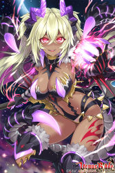 Rule 34 | 1girl, :d, armored boots, black footwear, blonde hair, boots, breasts, claws, cleavage, copyright name, crossed bangs, dark-skinned female, dark skin, fangs, floating hair, fur collar, fur trim, glowing, glowing eyes, hair between eyes, hand up, highres, hisen kaede, holding, holding weapon, horns, leg up, light particles, long hair, looking at viewer, magic, medium breasts, official art, open mouth, polearm, red eyes, revealing clothes, sidelocks, smile, solo, tail, tattoo, thigh boots, thighhighs, twintails, v-shaped eyebrows, venus blade, watermark, weapon, wings