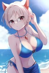 Rule 34 | 1girl, animal ears, beach, bikini, blue bikini, blue sarong, blue sky, breasts, chest jewel, cleavage, cloud, collarbone, commentary request, commission, day, glasses, hand up, highres, large breasts, ocean, original, red eyes, sarong, second-party source, short hair, skeb commission, sky, solo, standing, swimsuit, uni (maru231), white hair