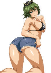Rule 34 | 00s, 1girl, ass, back, bra, breasts, green hair, ikkitousen, kyocho chuukou, large breasts, looking back, short hair, shorts, sideboob, smile, solo, underwear