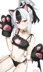 Rule 34 | 1girl, absurdres, alternate costume, animal hands, bell, black bra, black gloves, black hair, black panties, blue archive, bra, breasts, cat cutout, cat lingerie, cat paws, clothing cutout, embarrassed, gloves, grey halo, hair between eyes, halo, highres, jingle bell, kayoko (blue archive), meme attire, multicolored hair, navel, panties, paw gloves, ponytail, red eyes, simple background, small breasts, solo, stomach, sweat, syhan, underwear, white background, white hair