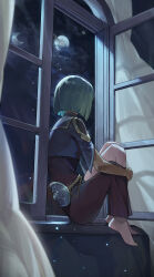Rule 34 | 1girl, absurdres, barefoot, blue sailor collar, blue shirt, brown pants, cloud, commission, cropped shirt, curtains, facing away, from side, full moon, green hair, hand on own ankle, highres, indoors, knees up, light particles, long sleeves, moon, night, night sky, open window, original, pants, pixiv commission, reflection, sailor collar, shirt, short hair, sidelocks, sitting, sky, solo, sssong aa, window, windowsill