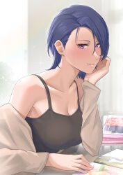 Rule 34 | 1girl, absurdres, alternate costume, black camisole, black tank top, blue hair, blush, breasts, camisole, casual, cleavage, closed mouth, collarbone, contemporary, fire emblem, fire emblem: three houses, furo atsushi, grey jacket, hand up, head on hand, highres, jacket, jacket partially removed, large breasts, leaning forward, long sleeves, looking at viewer, looking to the side, magazine stack, medium hair, nintendo, open magazine, purple eyes, shamir nevrand, smile, solo, table, tank top, upper body