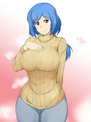 Rule 34 | 10s, 1girl, bad id, bad pixiv id, blue hair, breast suppress, breasts, curvy, denim, covered erect nipples, green eyes, gundam, gundam build fighters, highres, huge breasts, iori rinko, jeans, long hair, looking at viewer, maki ikazuya, mature female, pants, ponytail, revision, ribbed sweater, scrunchie, smile, solo, sweater, wide hips
