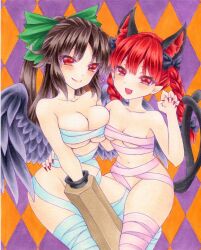 Rule 34 | 2girls, :3, :d, animal ear fluff, argyle, argyle background, argyle clothes, arm cannon, bandages, bird wings, black wings, bow, braid, breasts, cat tail, cleavage, closed mouth, collarbone, extra ears, fingernails, green bow, hair bow, kaenbyou rin, large breasts, long fingernails, long hair, looking at viewer, marker (medium), medium breasts, multiple girls, multiple tails, navel, nekomata, open mouth, orange background, pointy ears, purple background, red eyes, red nails, reiuji utsuho, side braids, smile, tail, touhou, traditional media, twin braids, two tails, wassmint, weapon, wings