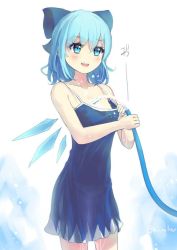 Rule 34 | 1girl, adapted costume, alternate costume, blue dress, blue eyes, blue hair, blush, cirno, colored eyelashes, culter, dress, gradient background, hair ornament, hair ribbon, hose, ice, ice wings, jpeg artifacts, matching hair/eyes, open mouth, ribbon, short hair, sleeveless, smile, solo, text focus, touhou, twitter username, water, wet, wet clothes, wet dress, wings