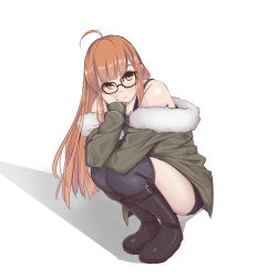 Rule 34 | 1girl, ahoge, alichii, bare shoulders, black-framed eyewear, black shorts, black thighhighs, blush, boots, brown eyes, brown footwear, closed mouth, commentary, full body, fur-trimmed jacket, fur trim, glasses, green jacket, hand on own cheek, hand on own face, highres, jacket, knee boots, long hair, long sleeves, looking at viewer, off-shoulder shirt, off shoulder, orange hair, persona, persona 5, sakura futaba, shirt, short shorts, shorts, sidelocks, solo, squatting, tank top, thighhighs, very long hair