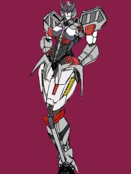 Rule 34 | 1girl, armor, breasts, decepticon, hands on own hips, helmet, highres, humanoid robot, large breasts, looking at viewer, megaempress, pakutama777, red eyes, robot, robot girl, shoulder armor, solo, thick thighs, thighs, transformers