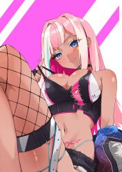 Rule 34 | 1girl, absurdres, aqua hair, aqua panties, arm at side, arm support, asymmetrical clothes, bare shoulders, belt, black choker, black gloves, black shorts, blue eyes, blue eyeshadow, blunt bangs, breasts, chain, chiizu ore, choker, cleavage, closed mouth, clothes pull, clothes writing, colored inner hair, commentary, crop top, cross-laced clothes, crossed legs, cutoffs, denim, denim shorts, diagonal bangs, ear piercing, english commentary, eyeshadow, fang, feet out of frame, fingerless gloves, fishnet thighhighs, fishnets, garter straps, gloves, hair intakes, hand up, head tilt, heart, heart choker, heart sticker, highleg, highleg panties, highres, indie virtual youtuber, jacket, knees up, large breasts, legs, light blush, long hair, looking at viewer, makeup, multicolored eyes, multicolored hair, navel, off shoulder, open clothes, open jacket, panties, piercing, pink background, pink hair, pubic tattoo, second-party source, shiny skin, short shorts, shorts, simple background, single thighhigh, skindentation, smile, solo, sticker on face, stomach, strap pull, streaked hair, tan, tattoo, thigh strap, thighhighs, tsurime, two-tone background, underwear, unworn belt, virtual youtuber, white background, white belt, white hair, yfu, zipper
