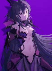 Rule 34 | 1girl, armor, black gloves, black hair, bow, breasts, cleavage, closed mouth, date a live, elbow gloves, faulds, floating hair, gloves, hair between eyes, hair bow, long hair, medium breasts, navel, nogi lace, nogi lace, purple background, purple bow, purple eyes, purple skirt, reaching, reaching towards viewer, revealing clothes, shadow, skirt, solo, standing, very long hair, yatogami tooka, yatogami tooka (true form)