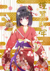 Rule 34 | arrow (projectile), black hair, blush, chinese zodiac, flower, furisode, hair flower, hair ornament, happy new year, japanese clothes, kimono, looking at viewer, new year, original, red eyes, smile, solo, tomosuke, year of the pig