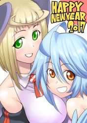 Rule 34 | 10s, 12 beast, 2017, 2girls, :d, aero (12 beast), ahoge, blonde hair, blue hair, breasts, commentary request, creator connection, crossover, eyes visible through hair, green eyes, happy new year, harpy, head wings, looking at viewer, medium breasts, monster girl, monster musume no iru nichijou, multiple girls, new year, okayado, open mouth, orange eyes, papi (monster musume), short hair, smile, trait connection, wings