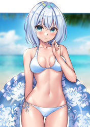 Rule 34 | 1girl, :t, absurdres, aqua eyes, bang dream!, bare arms, bare shoulders, bikini, blue hair, blurry, blurry background, blush, breasts, cleavage, closed mouth, collarbone, commentary, cowboy shot, depth of field, english commentary, highres, innertube, kurata mashiro, looking at viewer, medium breasts, navel, ocean, playing with own hair, pout, ribbon, short hair, side-tie bikini bottom, solo, stomach, sweetcheese, swim ring, swimsuit, thigh gap, white bikini, white ribbon