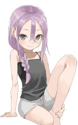 Rule 34 | 1girl, absurdres, bare arms, bare shoulders, barefoot, black camisole, blush, braid, camisole, closed mouth, collarbone, commentary request, feet out of frame, grey eyes, grey shorts, hair between eyes, hair over shoulder, highres, knee up, long hair, looking at viewer, parted bangs, purple hair, short shorts, shorts, simple background, single braid, sitting, smile, solo, soredemo ayumu wa yosetekuru, white background, yamamoto souichirou, yaotome urushi