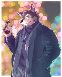 Rule 34 | 1boy, animal ears, black coat, coat, commentary request, dog boy, dog ears, furry, furry male, gem, grey pants, hand in pocket, hand up, highres, jewelry, live a hero, looking at viewer, male focus, necklace, ottyo kope, pants, pawpads, pubraseer (live a hero), purple sweater, scarf, sweater, twitter username